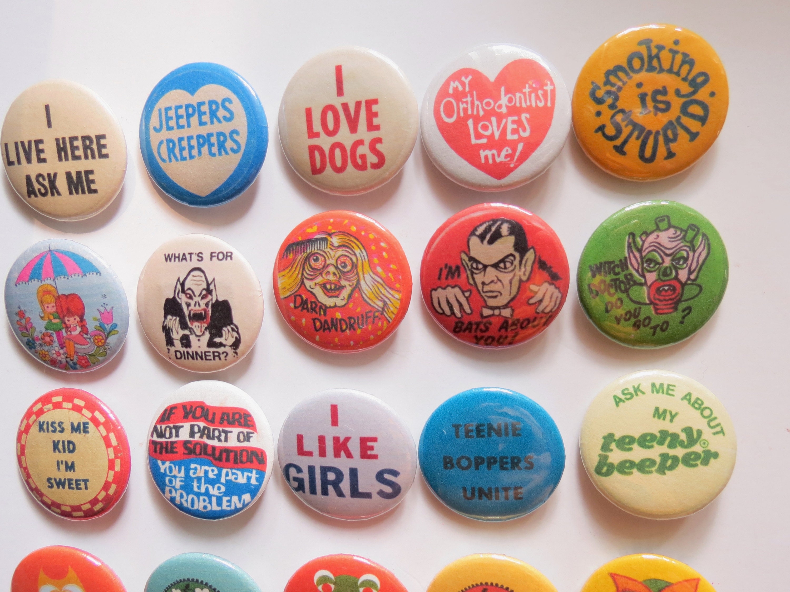 Vintage Style Pinback Buttons - 60s 70s 80s Novelty Pins