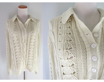 Chunky Knit Sweater Pullover Cream Cozy Collared Boho Hippie 70s Sweater - Size XL