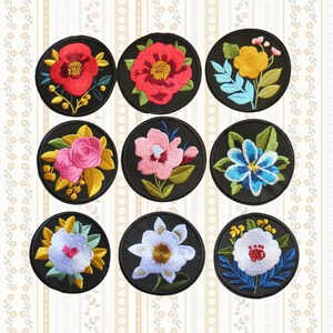 Embroidered Botanical Floral Iron On Patch - Round Black Wildflower Applique