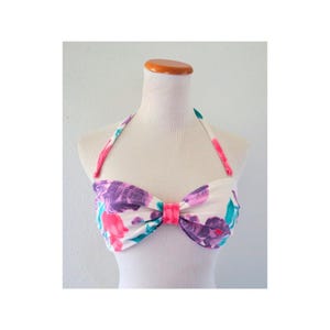 Vintage Floral Bikini Top - 1980s 80s Cotton Flower Print Bandeau Style Swim Bra - Size Small