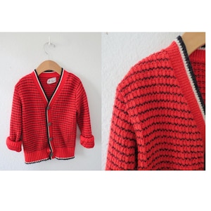 Vintage Boys V-neck Cardigan Sweater - Red & White Acrylic Knit Button Up - 60s 1960s Mod - Size Small