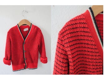 Vintage Boy's Cardigan - 60s Red V-neck Sweater - Size Small