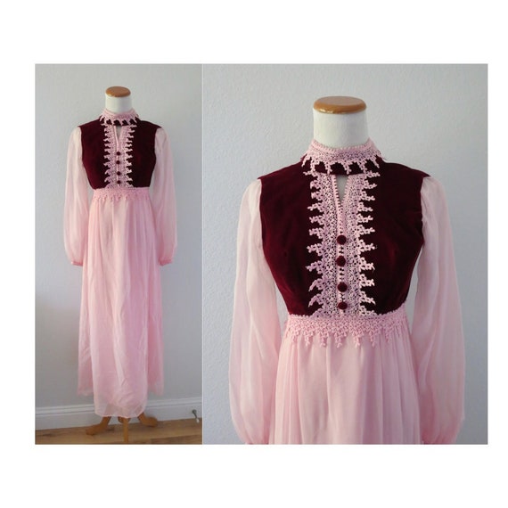 Velvet Maxi Dress 70s Hippie Gown Cottagecore - image 1