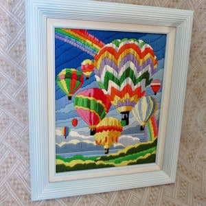 Vintage Hot Air Balloon Crewel Picture Framed Wall Hanging Colorful Rainbow Art 80s Home Decor image 5