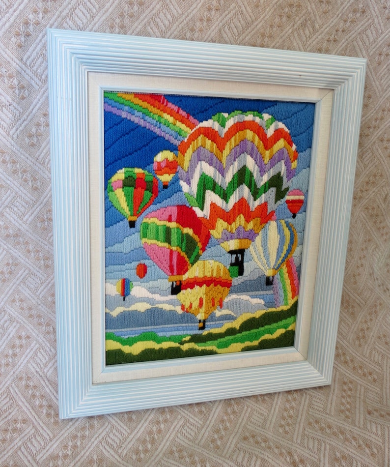 Vintage Hot Air Balloon Crewel Picture Framed Wall Hanging Colorful Rainbow Art 80s Home Decor image 5