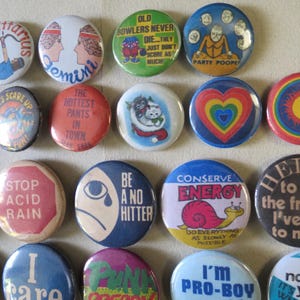 Vintage Style Pinback Buttons - 60s 70s 80s Novelty Pins - Reproduction ...