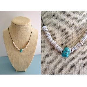 Vintage 70s Choker Necklace - Faux Turquoise & Shell Beaded Jewelry - Boho Hippie Summer - Heshi Beads
