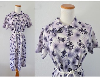 Vintage 60s Dress - Women's Blue Floral Print Mod Mini - Size Large
