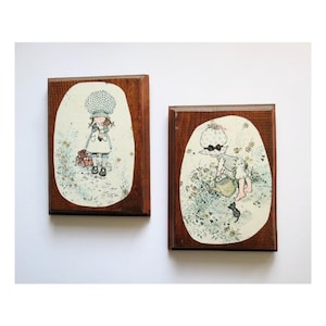 Vintage 70s Wall Hanging Set - Decoupage Wood Plaques - Hippie Children Decor Artwork - Kitschy Home Decoration - Handmade Craft