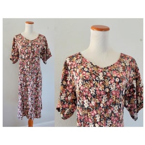 Vintage 90s Floral Dress - Babydoll Button Front Dress - Rayon Midi Flower Print Romantic Cottagecore Bohemian - Size XXL
