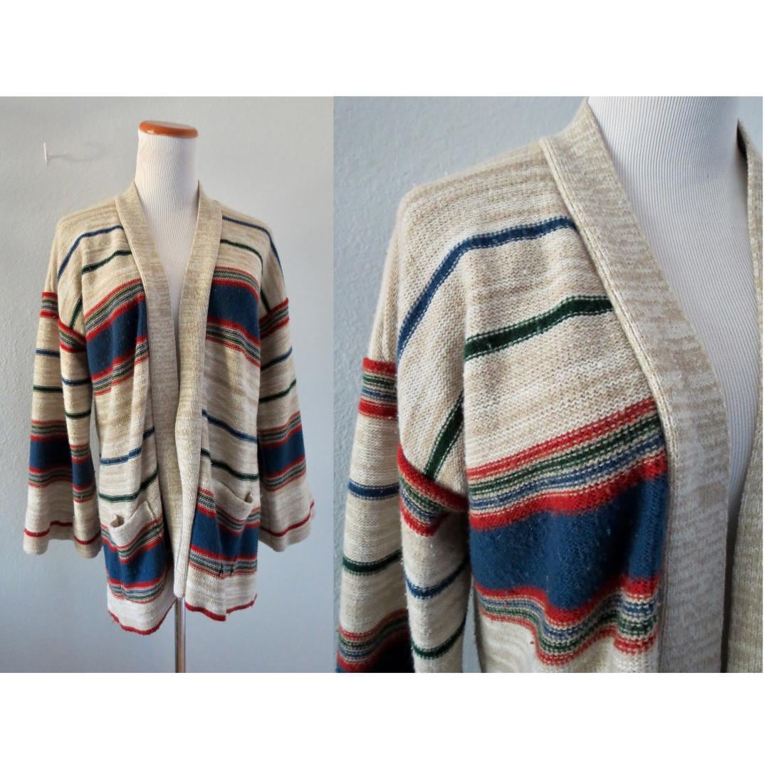 VTG 70s USA HAND KNIT WOOL TALON ZIP JUMPER CARDIGAN HIPPY SWEATER FESTIVAL 40”M