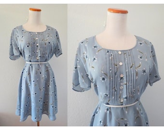 Vintage 90s Dress - Women's Blue Floral Print Babydoll Mini - Size Large