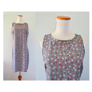 Vintage 90s Floral & Gingham Mini Dress - Daisy Print Rayon Blend Sleeveless Summer Shift Sundress - Size Medium