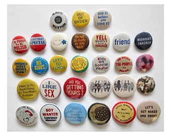 Vintage Style Pinback Buttons -  60s 70s 80s  Novelty Pins - Reproduction Retro Pin Button