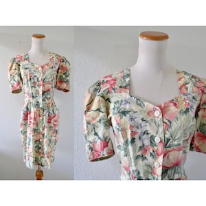 Vintage 90s Floral Mini Dress - Lightweight Cotton Short Sleeve Spring Summer Dress - Size Small