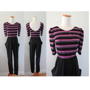 Vintage 80s Jumpsuit Women&#39;s Black & Purple Striped Knit Romper - Size Small