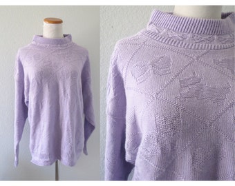 Vintage Pastel Kawaii Sweater - 80s Purple Knit Pullover - Hearts Bows Cats Ducks Dogs - Size Large