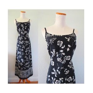 Vintage 90s Midi Dress - Casual Floral Print Sundress - Tie Back Navy Blue & White Flower Summer Dress - Size Small