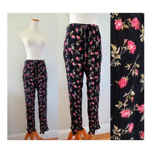 Vintage Floral Print Pants - 90s Rayon Boho Pant - Elastic Waist High Waisted Pant with Pockets - Size Medium