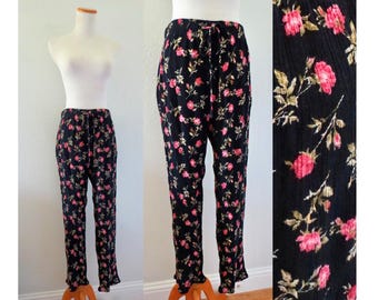 Vintage Floral Pants - 90s Dark Flower Print Boho Pant - Size Medium