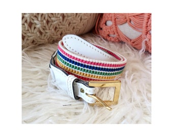 Vintage Rainbow Belt - Stretchy Woven Striped - White Leather High Waist Belt - Size Medium