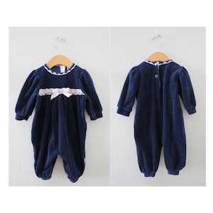 Vintage Baby Girls Romper - Blue Velvet Jumpsuit Outfit with Lace Trim by Health Tex - Size 6 - 9 Months
