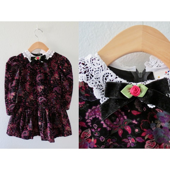 Vintage Girls Dress - Little Girl Velvet Paisley … - image 1