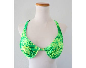 Vintage Bikini Top - 90s Pushup Underwire Neon Green Floral Swimsuit - Size Medium