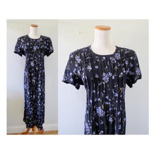 Vintage 90s Floral Midi Dress - Tie Back Short Sleeve Rayon Summer Sundress - Blue All Over Flower Print - Size Large