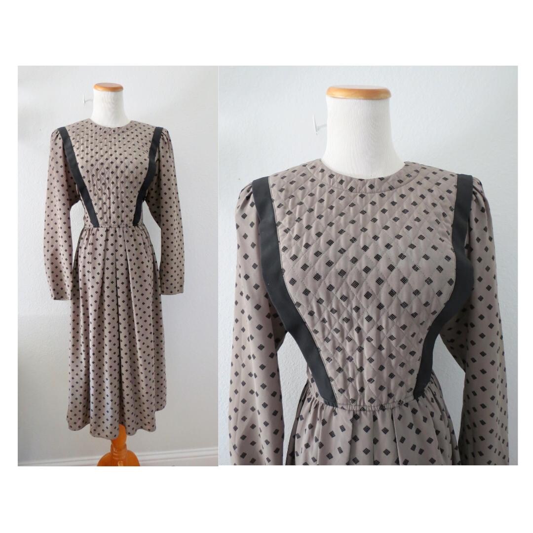 Vintage 80s Long Sleeve Midi Dress - Quilted Abstract Print 1980s ...