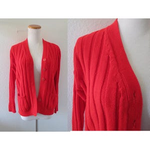 Vintage Red Cardigan Sweater - Women's Button Up Knit - Grandma Style 60s 70s Cute Outerwear - Size Small