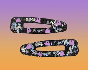 Halloween Hair Clip Set - Pastel Purple Ghosts & Stars with Glitter - Cute Spooky Barrette Clips