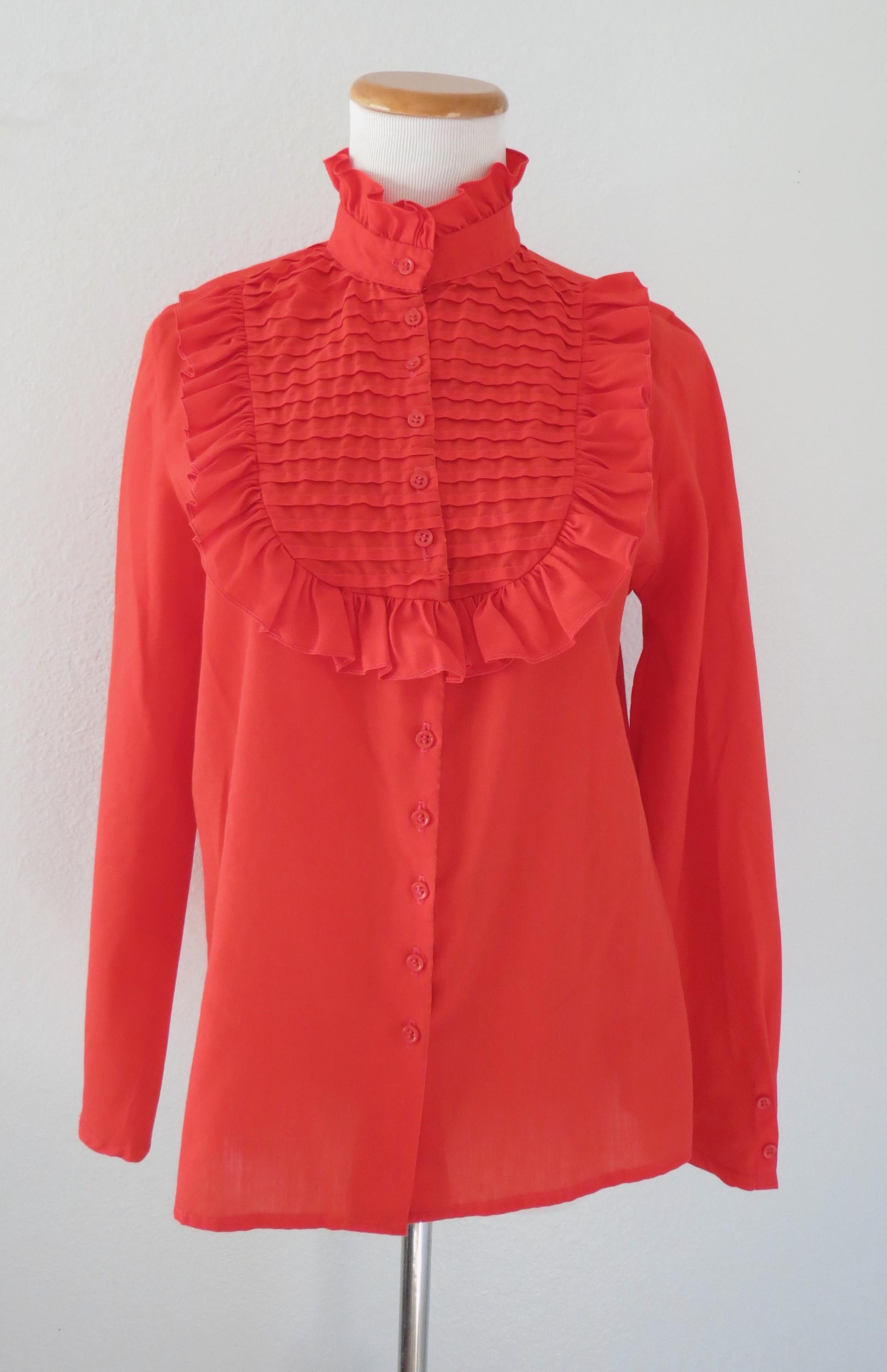 Vintage 80s Blouse - Women's Red Ruffle Long Sleeve Top - Size Medium ...