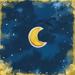 May include: A crescent moon patch featuring a bright yellow embroidered surface with a white border. The patch is centered against a dark blue background with abstract blue and gold painted textures and small white dots resembling stars.