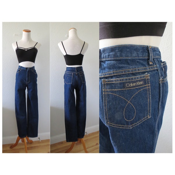 Vintage Calvin Klein Jeans - 90s Women's Denim Pants - High Waisted Dark Wash Straight Leg - Size XXS 24" x 32"