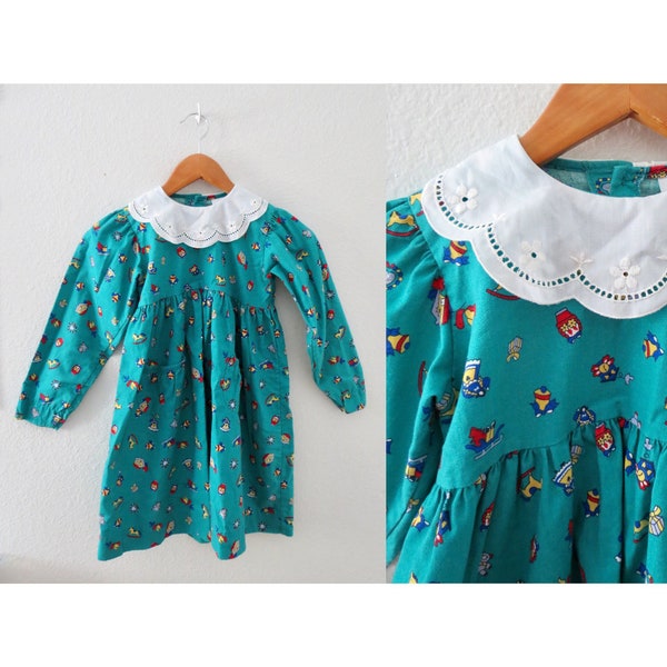 Robe Vintage OshKosh Fille Manches Longues – Carreaux Rouge/bleu Denim Brodé, Taille 6, Très Bon état