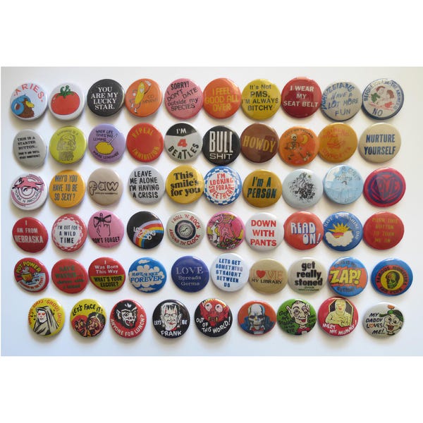Vintage Style Pinback Buttons - Reproduction Retro Button Pins