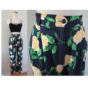 Vintage Floral Print Pants - Soft Cotton Yellow Flower Print Trousers - Elastic Waist High Waisted Pant with Pockets - Size XS