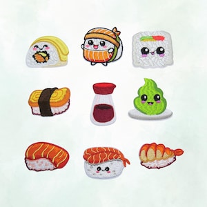 May include: A collection of nine embroidered sushi patches. The patches feature various sushi types, including nigiri and rolls, each with a cute, cartoon-like design. Colors include orange, yellow, white, green, and brown. The patches are likely for clothing or accessories.