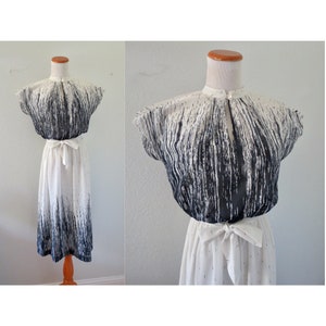 Vintage 70s Midi Dress Abstract Print Blouson Semi Sheer Disco Hippie Elastic Waist Size Small