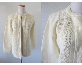 Vintage Cream Sweater - Women's Button Up Knit Cardigan Size Medium