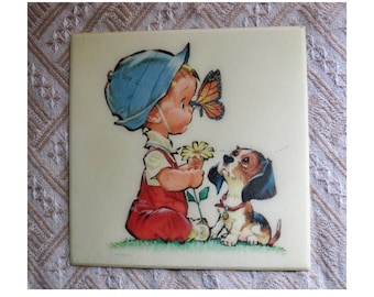 Vintage 60s Wall Hanging - Retro Kitsch Big Eye Boy and Dog Plaque