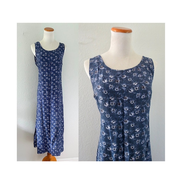 Vintage 90s Floral Maxi Dress Blue Flower Print Sleeveless Summer Grunge Boho Size Large