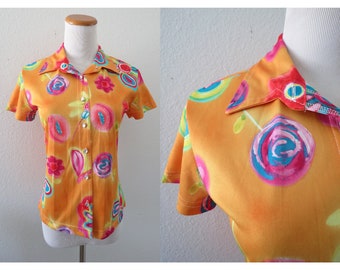 vintage 90s Floral Blouse - Button Up Short Sleeve Top - Bright Flower Print - Flower Power Groovy - Size Small