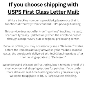 May include: Text on a white background explains USPS First Class Letter Mail shipping. It notes that tracking updates may be delayed and that the item may arrive 2-3 days after the "Delivered" status. It also mentions an upgrade option.