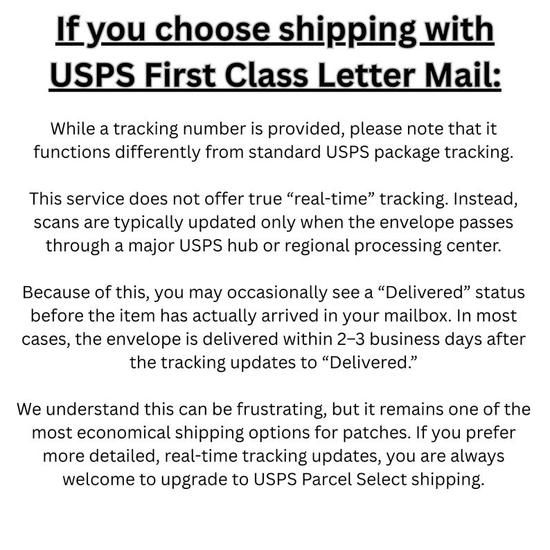 May include: Text on a white background explains USPS First Class Letter Mail shipping. It notes that tracking updates may be delayed and that the item may arrive 2-3 days after the "Delivered" status. It also mentions an upgrade option.