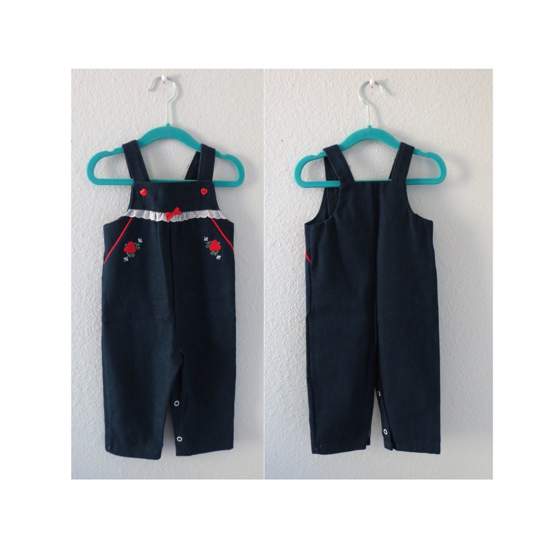 Vintage Baby Girl Overalls Blue Denim Jumpsuit Romper Hearts Etsy