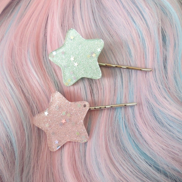 Glitter Star Hair Clips Kawaii Pastel Bobby Pins