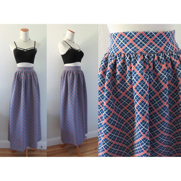 Vintage Maxi Skirt 70s Mod Hippie High Waisted Long Geometric Print Skirt - Size XS