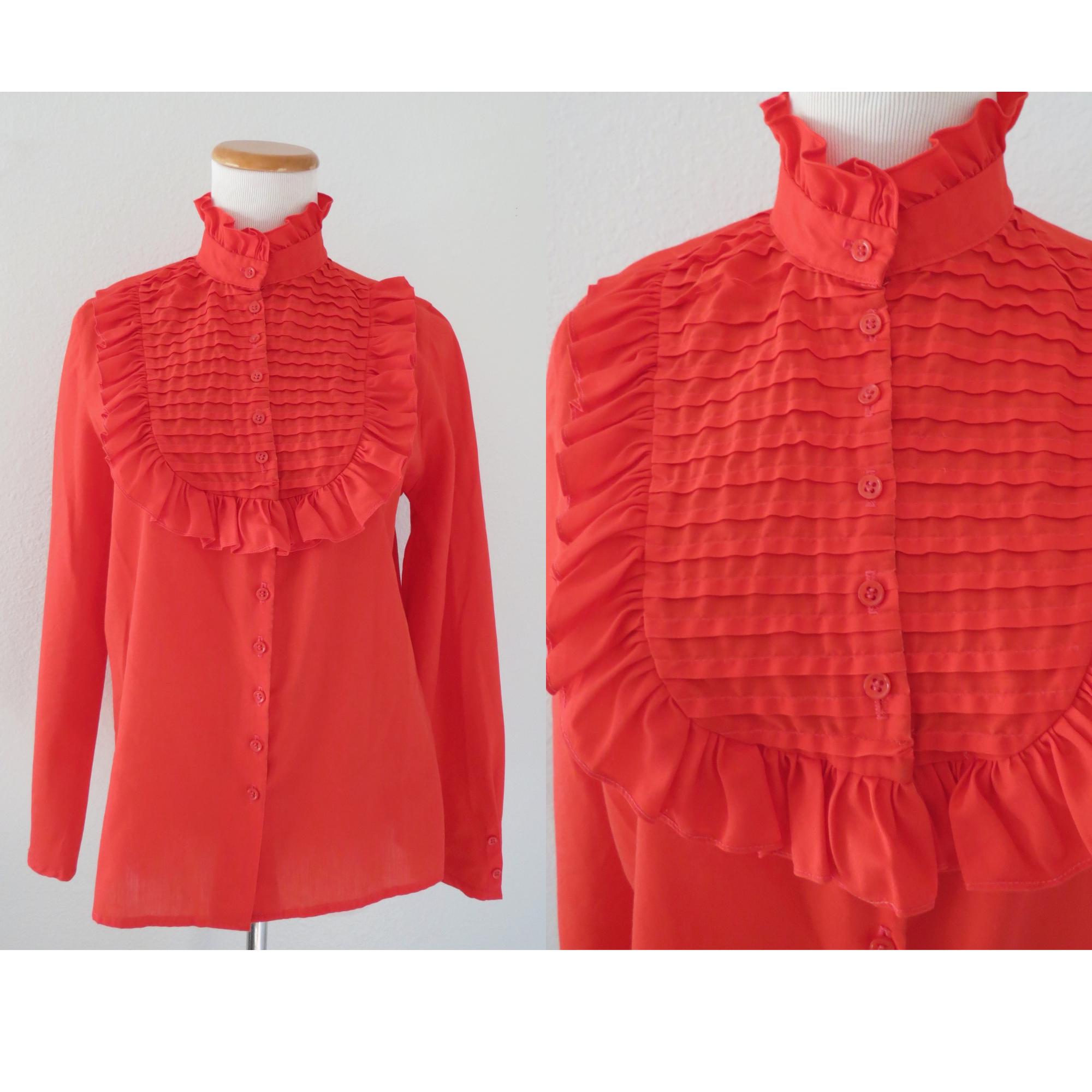 Vintage 80s Blouse - Women's Red Ruffle Long Sleeve Top - Size Medium ...